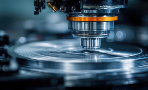 Close-up of precision machining process.  Rotating metal disc being worked on by a machine.  Complex machinery parts in focus.  Industrial precision