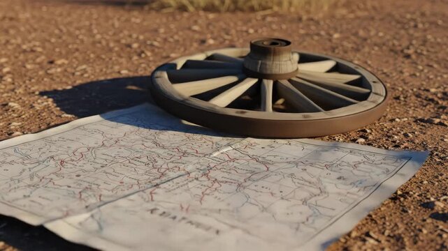 Wooden wagon wheel and vintage map on ground, travel adventure concept. Map, wheel, ground, old, vintage, travel, adventure.