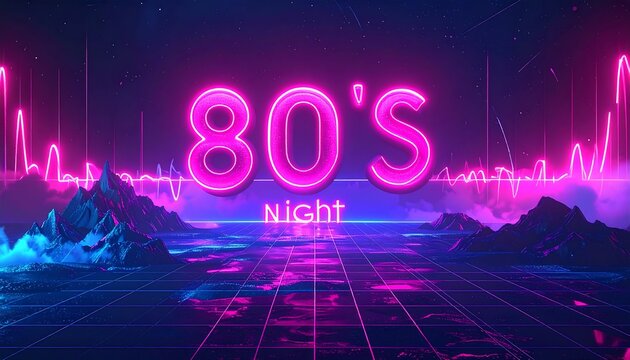 Retro 80s night landscape with glowing text