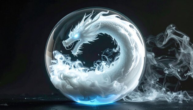 A white dragon coils in a translucent sphere atop a dark surface, encircled by swirling smoke, illuminated by blue light