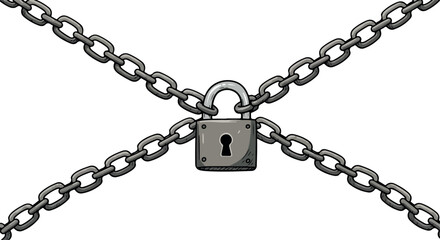 Secure metal padlock locked with chains crossing each other for safety.