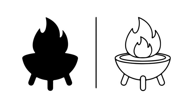 Two fire pit icons one solid black one outline white focused on the fire pit design.