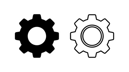 Two gear icons one solid black one outlined white focused on mechanical parts engineering and technology.
