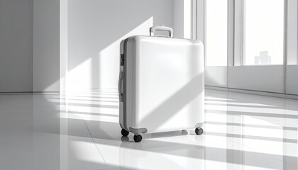 A sleek, white suitcase on a polished floor, bathed in bright sunlight streaming through large windows in a minimalist, modern space