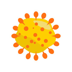 Bright yellow abstract representation of a virus with orange spikes on a white background