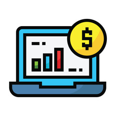 Laptop with bar graph and dollar coin icon