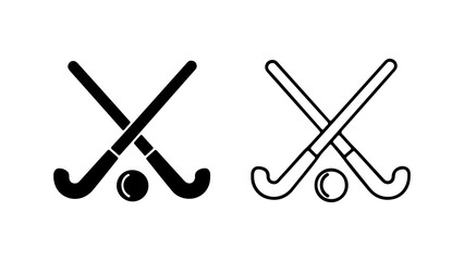 Two hockey sticks crossed with a hockey ball in between them in black and white.