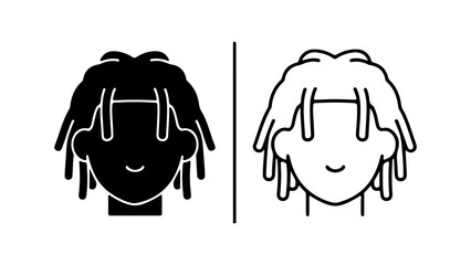 two illustrations of a person with dreadlocks one in black and white one in black and white focused on the hairstyle and facial features.