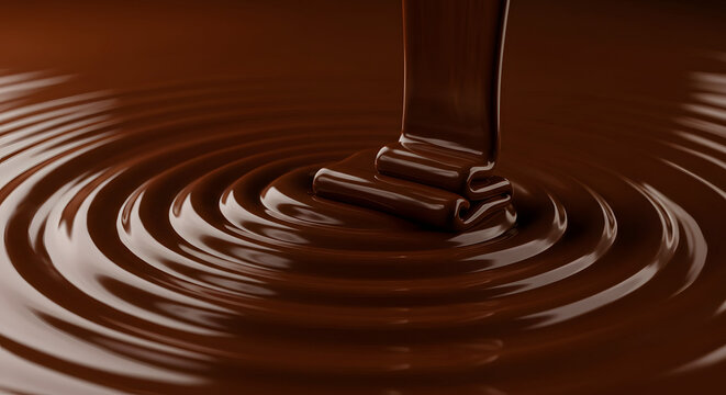 A stream of rich, dark chocolate cascades, creating mesmerizing ripples and a decadent, inviting texture that evokes feelings of indulgence and comfort in a photorealistic rendering.