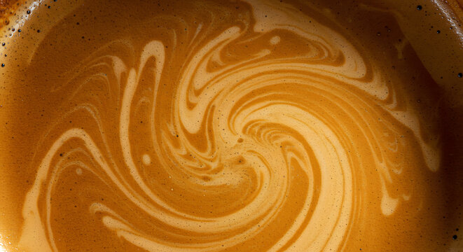 A captivating close-up reveals the swirling, creamy surface of a rich brown liquid, creating a mesmerizing abstract design of light and shadow, evoking feelings of warmth, comfort, and indulgence