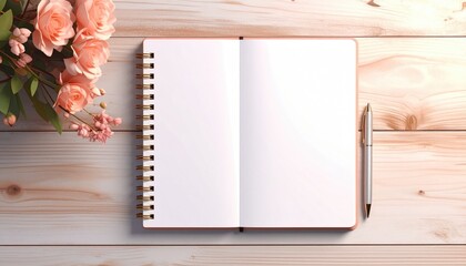 Open blank notebook on wood, paired with a pen and delicate pink roses, bathed in soft light