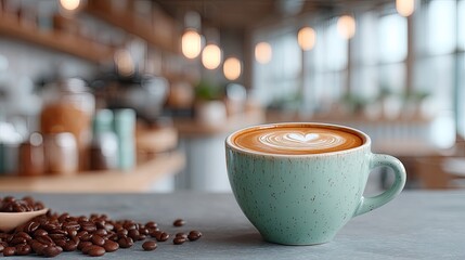 Close Up of Light Blue Speckled Mug of Cappuccino on Gray Table in Cafe