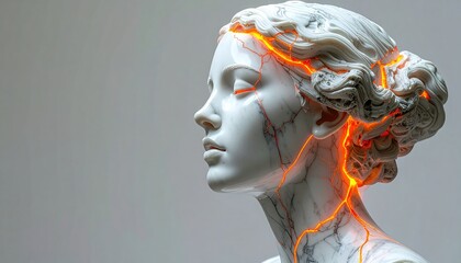 Marble statue profile female bust, intricate fractures lit with fiery orange. Smooth texture contrasts glowing cracks against a light grey backdrop
