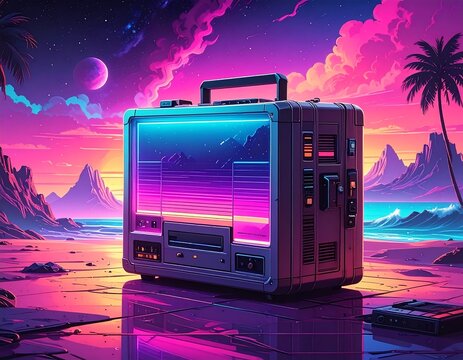 Retro cassette player on a vibrant beach at sunset - Powered by Adobe