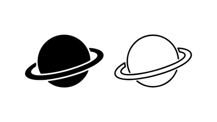 Two planet icons one black filled one white outline both with rings.