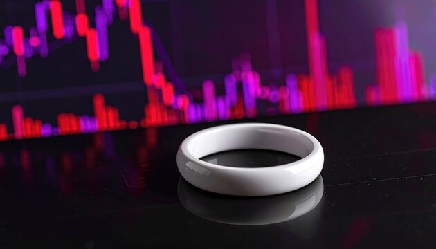 White ceramic ring on a glossy black surface against a blurred backdrop of red and purple abstract shapes mimicking a financial stock chart