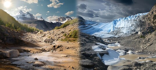 Before and after comparison of a glacier showing the effects of climate change