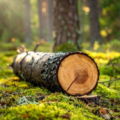 A felled log rests on mossy forest floor, bathed in golden sunlight