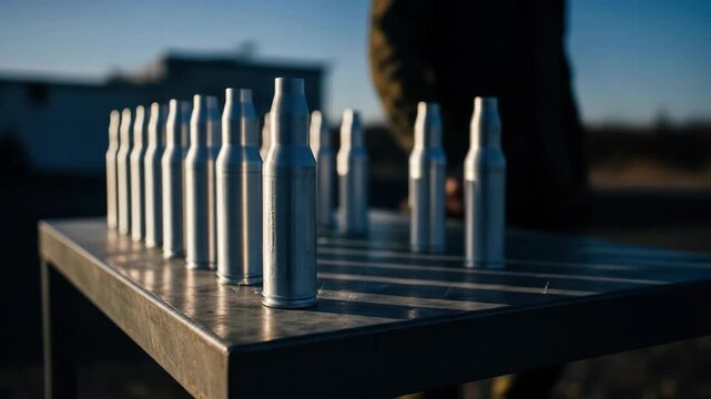 Array of empty silver bullet casings on a table outdoors, representing military target training, shooting range practice. Empty bullet casings symbolize war, safety, and security.