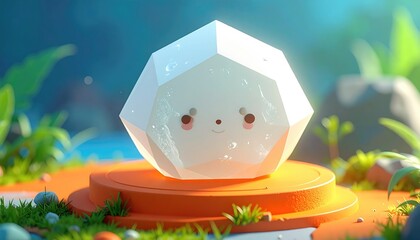 Cartoonish, stylized geometric form with a cute face, sits atop an orange pedestal in a sunny, grassy, outdoor environment