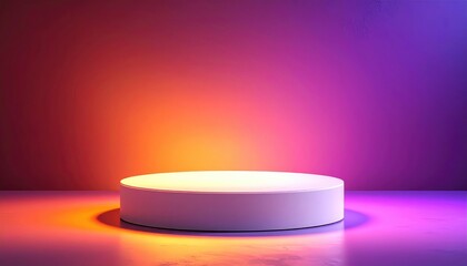 Plain white round podium, center stage, under warm and cool gradient spotlights on reflective marble-like surface, against a vibrant gradient wall