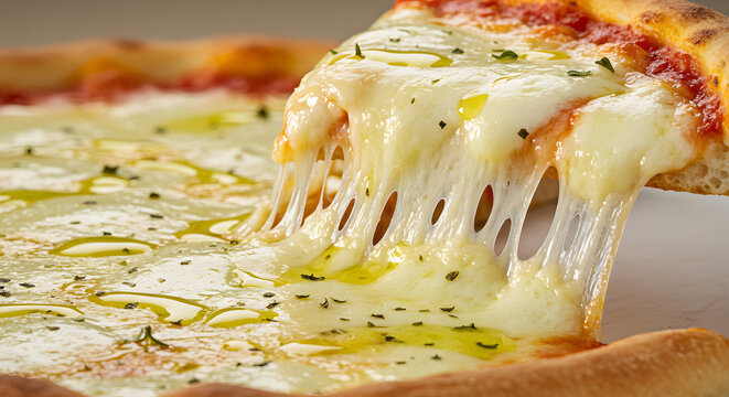 A close-up shot captures a slice of freshly baked pizza being lifted, showcasing the gooey, melted cheese stretching and clinging between the slice and the remaining pizza, a testament to its