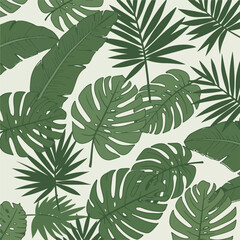 Tropical green leaves pattern on a light background jungle foliage design.