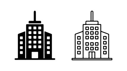 Fototapeta premium Two stylized building icons one solid black and one outline.