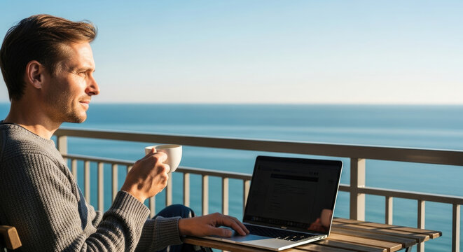 man working remotely with coffee and sea view