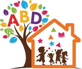 Children Playing in House with ABC Tree Illustration kids home letters alphabet education school learning vector graphic
