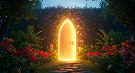 Enchanted portal of inclusivity a magical doorway inviting all creatures, fantasy gateway with room for text, mystical entrance. Radiant. Illustration