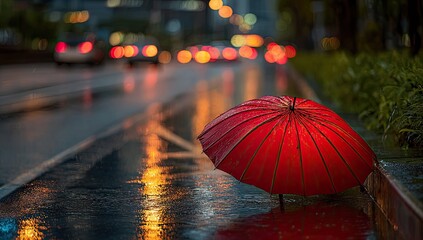 Rainy night city street with red umbrella