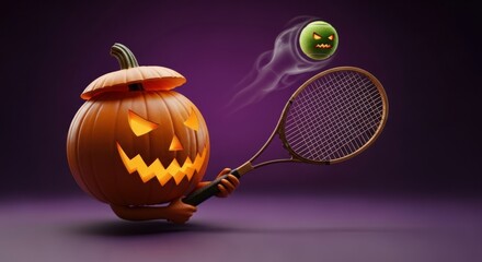 Spooky halloween pumpkin playing tennis with a ghostly tennis ball