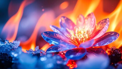 氷の花と炎、燃える青い花、氷と火のコントラスト、美しい対比のアート、幻想的な自然の対照、熱と冷気の共存、炎に照らされた氷、近接の自然アート、輝く花びら、情熱と静寂の融合