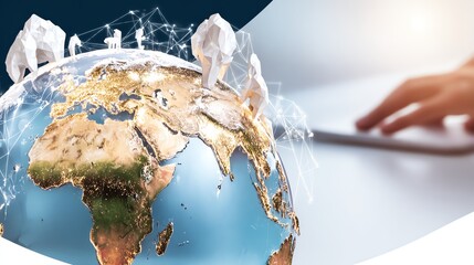 Global Networking Concept Earth Globe with Low Poly Figures and Laptop