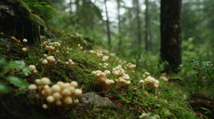 Obraz premium Mushrooms growing on mossy forest floor surrounded by trees in a misty atmosphere with soft natural lighting highlighting the earthy tones and textures of nature.