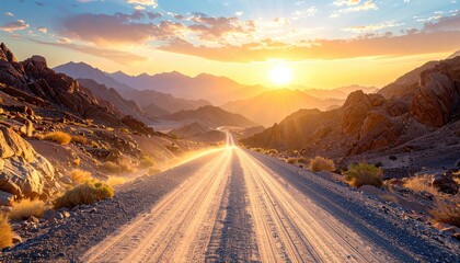 A sun-drenched gravel road stretches towards distant mountains, under a vibrant sunset with golden light and wispy clouds