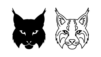 Two stylized lynx head illustrations one solid black and one outline facing forward.