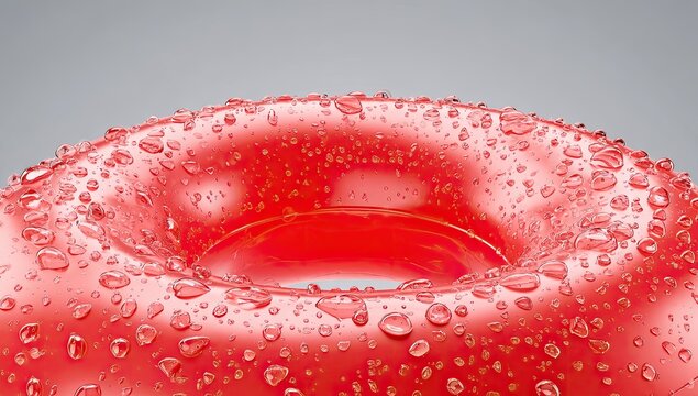 Close-up view of a bright red, donut-shaped object, covered in water droplets