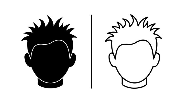 Two stylized male head icons with spiky hair in black and outline versions.
