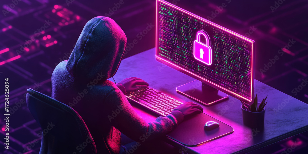 Poster a futuristic 3d render of a hooded person (hacker) working at a computer with a glowing padlock icon