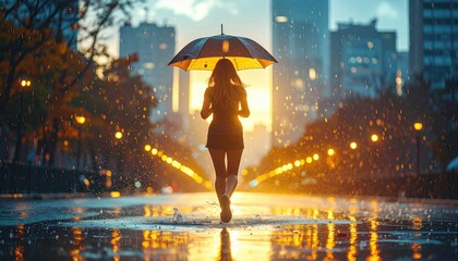 Woman with an umbrella walks alone on a wet street in a city at dusk, with warm streetlights and skyscrapers in the background