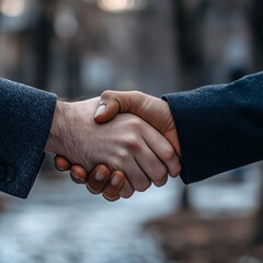 Closeup of a firm handshake between two business partners, symbolizing trust, agreement, and a successful collaboration outdoors