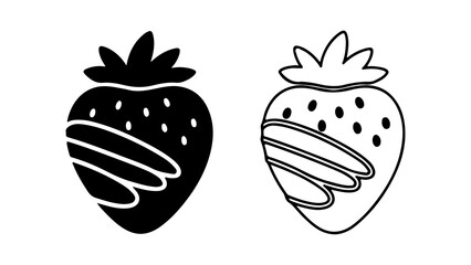 Two stylized strawberries one solid black and one outline both with decorative swirls.