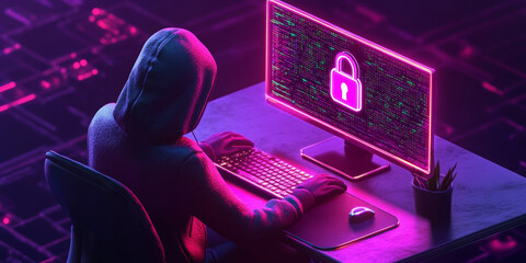 A futuristic 3D render of a hooded person (hacker) working at a computer with a glowing padlock icon, set in a dark, neon-lit digital environment. Perfect for websites and blogs about cybersecurity