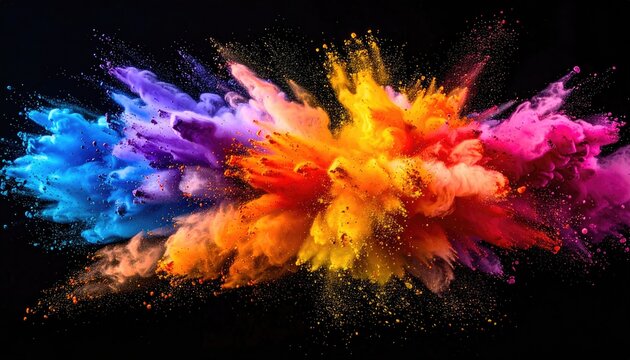 Vibrant explosion of colorful powder against black backdrop creates a dynamic and visually stunning abstract composition