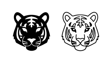 Two stylized tiger head illustrations one black silhouette and one outline.
