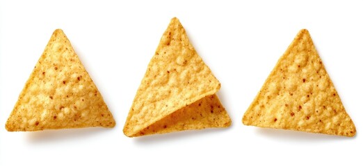 Three triangular tortilla chips against a white background