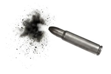 A single metallic bullet impacting a surface creating a dramatic explosion of dust and debris