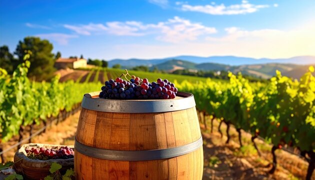 Ripe grapes sit atop a wooden barrel in a vineyard, bathed in golden sunlight with rolling hills and a farmhouse in the background - Powered by Adobe